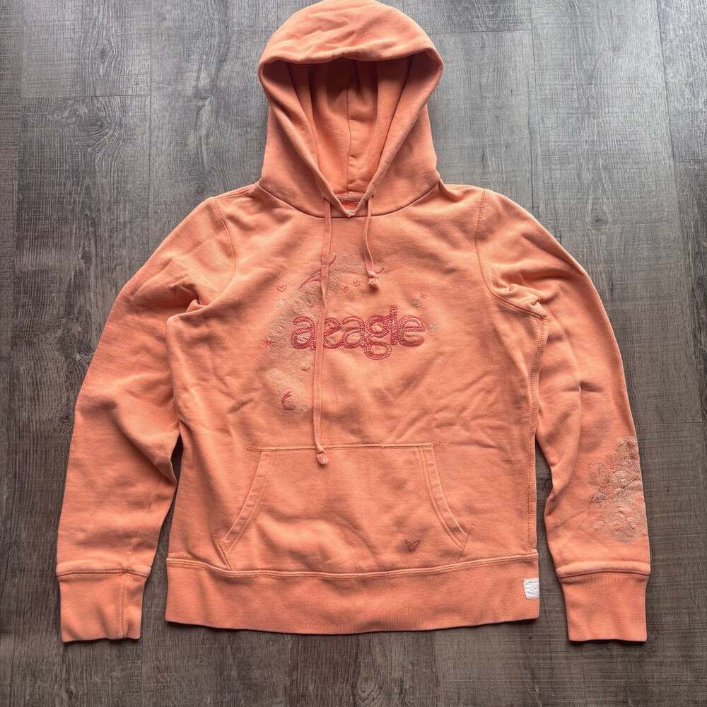 American Eagle Athletic Orange Pouch Hoodie Floral and Hearts Embroidered Size M